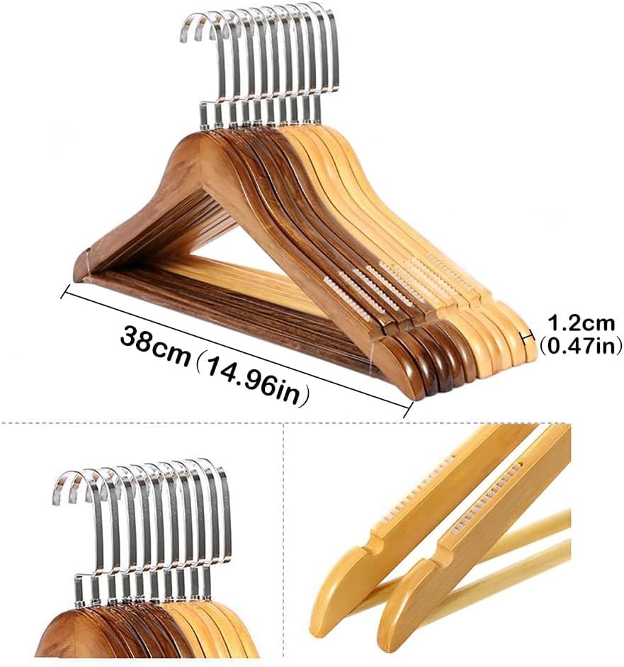 Grucce per Adulti, Grucce per Pantaloni Grucce in Legno 15 Pezzi Grucce in Legno Massello per Abiti con Strisce E Tacche per Cappotti, Giacche, Pantaloni, Abiti, A, 38cm