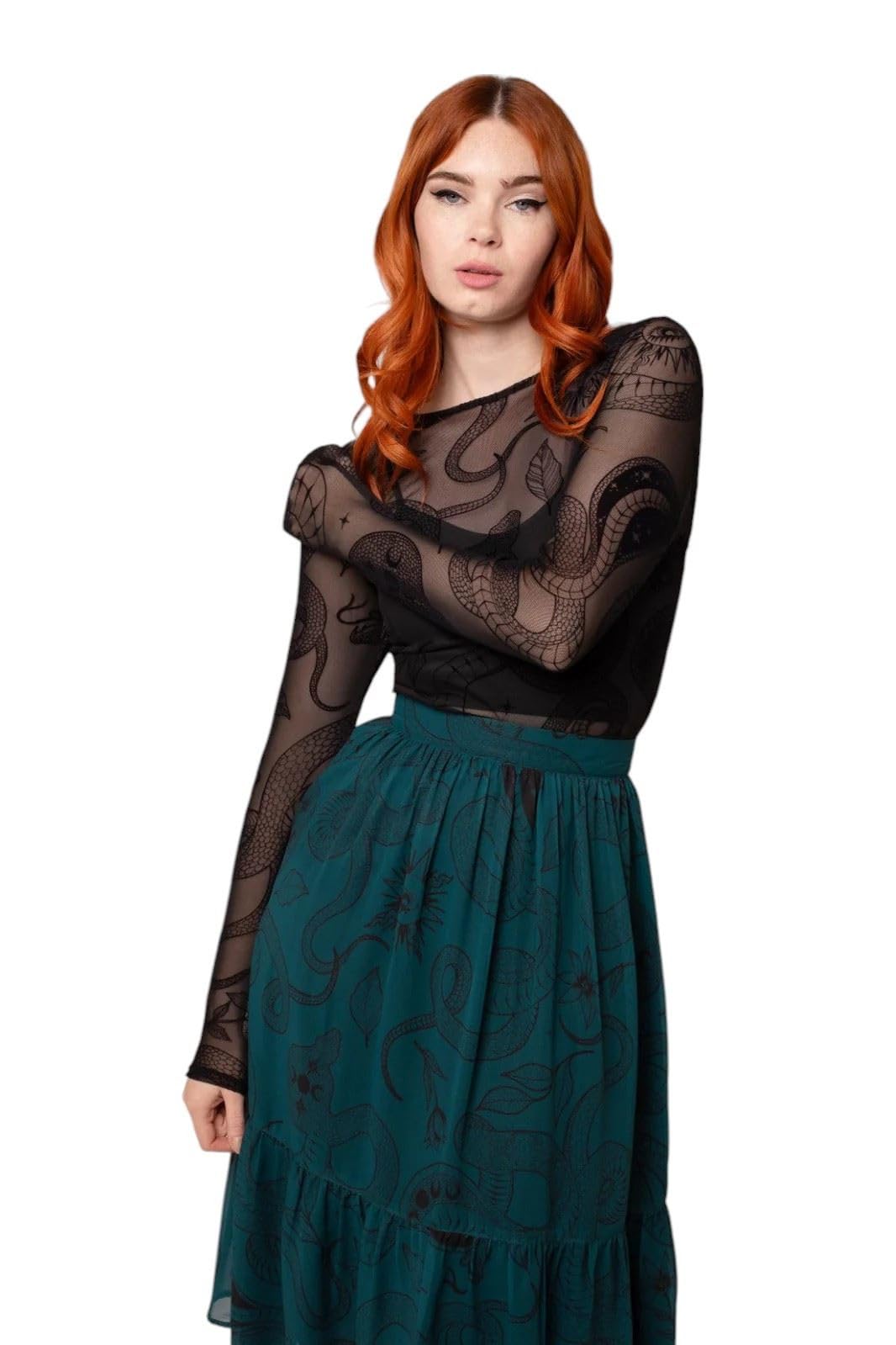Hell Bunny Women's Black Snake Charmer Top Gothic Mesh Shirt – Snake Print Velvet Flock, M