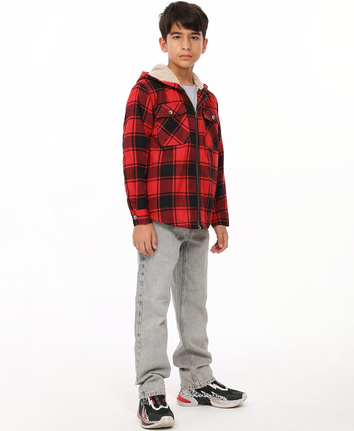 ZENTHACE Boys Sherpa Lined Full Zip Flannel Plaid Shirt Jacket,Cozy Hooded Flannel Shirt with Hand Pockets - Image 2
