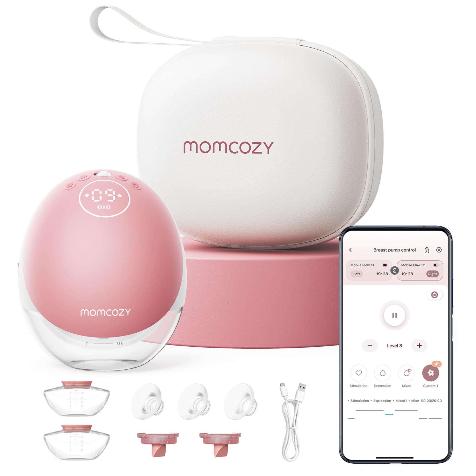 Breast Pump Hands Free Upgraded Mobile Flow | M9, App Discreet Control with Personalized Multi-Modes & 15 Levels, Wearable Breast Pump 24mm, 1 Pack Cozy Red