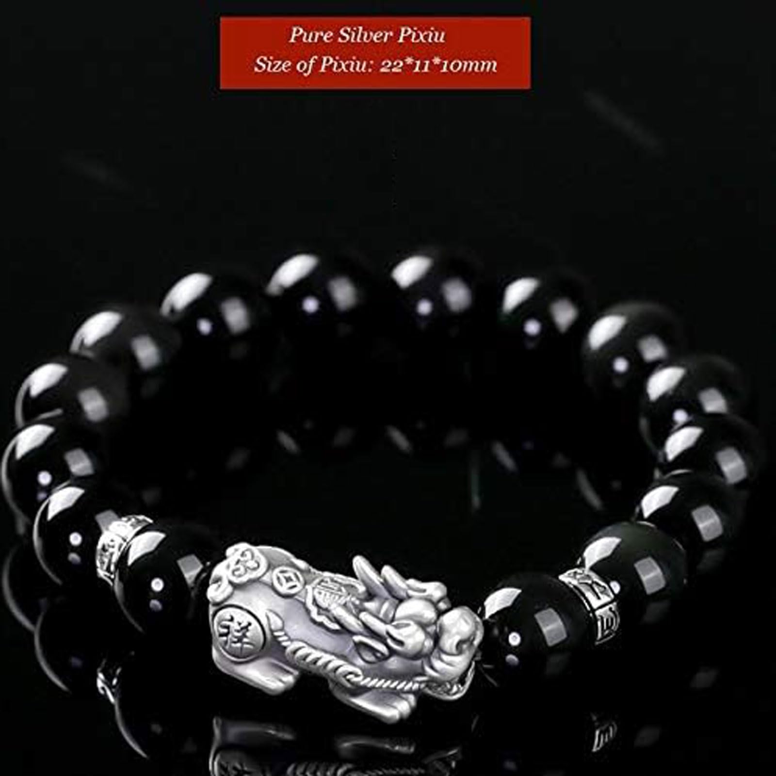 Braccialetto curativo Bracciale in argento con ossidiana, bracciale con perline di Buddha fortunato, perline rotonde, bracciale con perline elasticizzate, gioielli, prosperità, soldi, fortuna