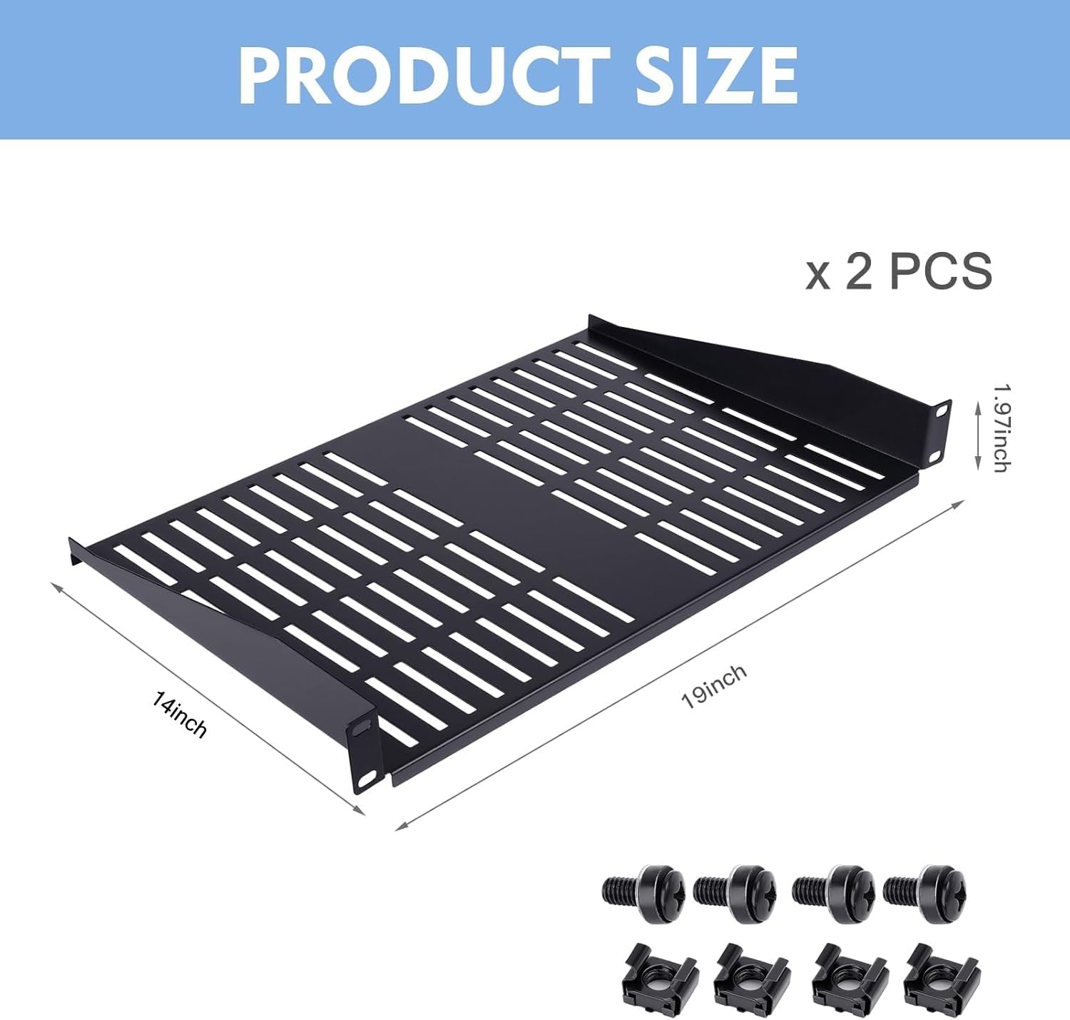 2PCS 1U Server Rack Shelf, Suitable for 19" Network Equipment Racks and Cabinets, Ventilated Cantilever Tray, Depth of 14 inches, Well-Ventilated (14")