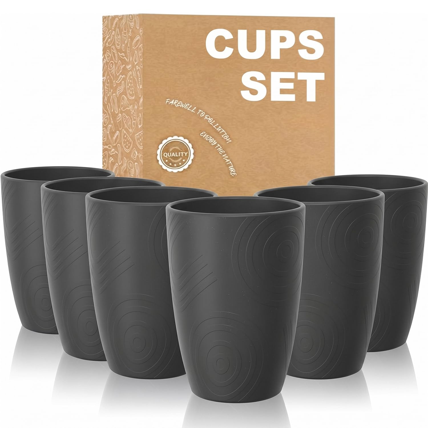 Wrova Reusable Plastic Cups - Lightweight Cups Set of 6 Tumbler 350ml - Unbreakable Plastic Glasses with Pattern, Dishwasher and Microwave Safe Cups Set for Indoor & Outdoor - Dark Grey