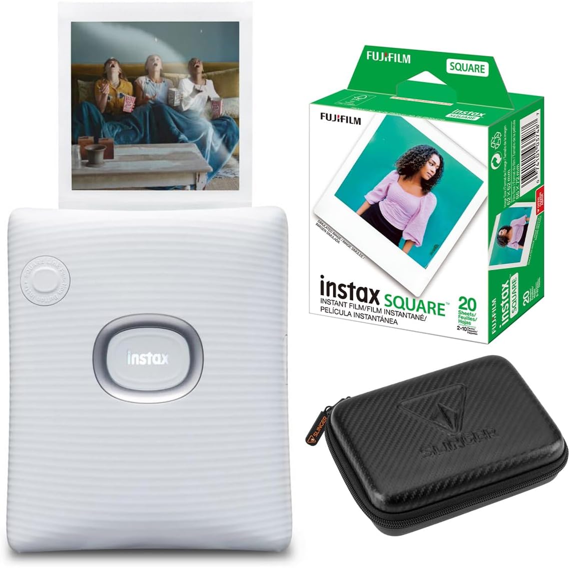 Fujifilm Instax Square Link Wireless Smartphone Printer, Ash White, Bundle with Square Instant Color Film Twin Pack and HD-1 Portable Drive Case