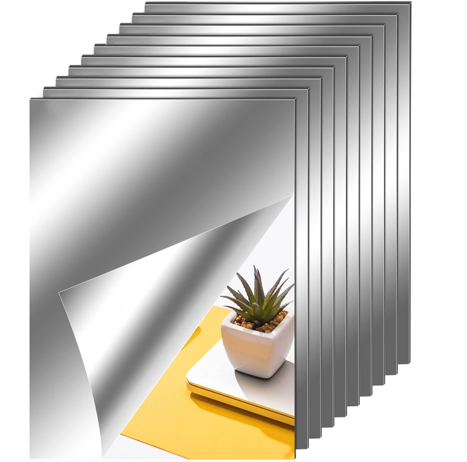 Flexible Mirror Sheets Self Adhesive Non Glass Mirror Tiles Stickers for Home Wall Decor(10 Pieces,9 x 13 Inches)
