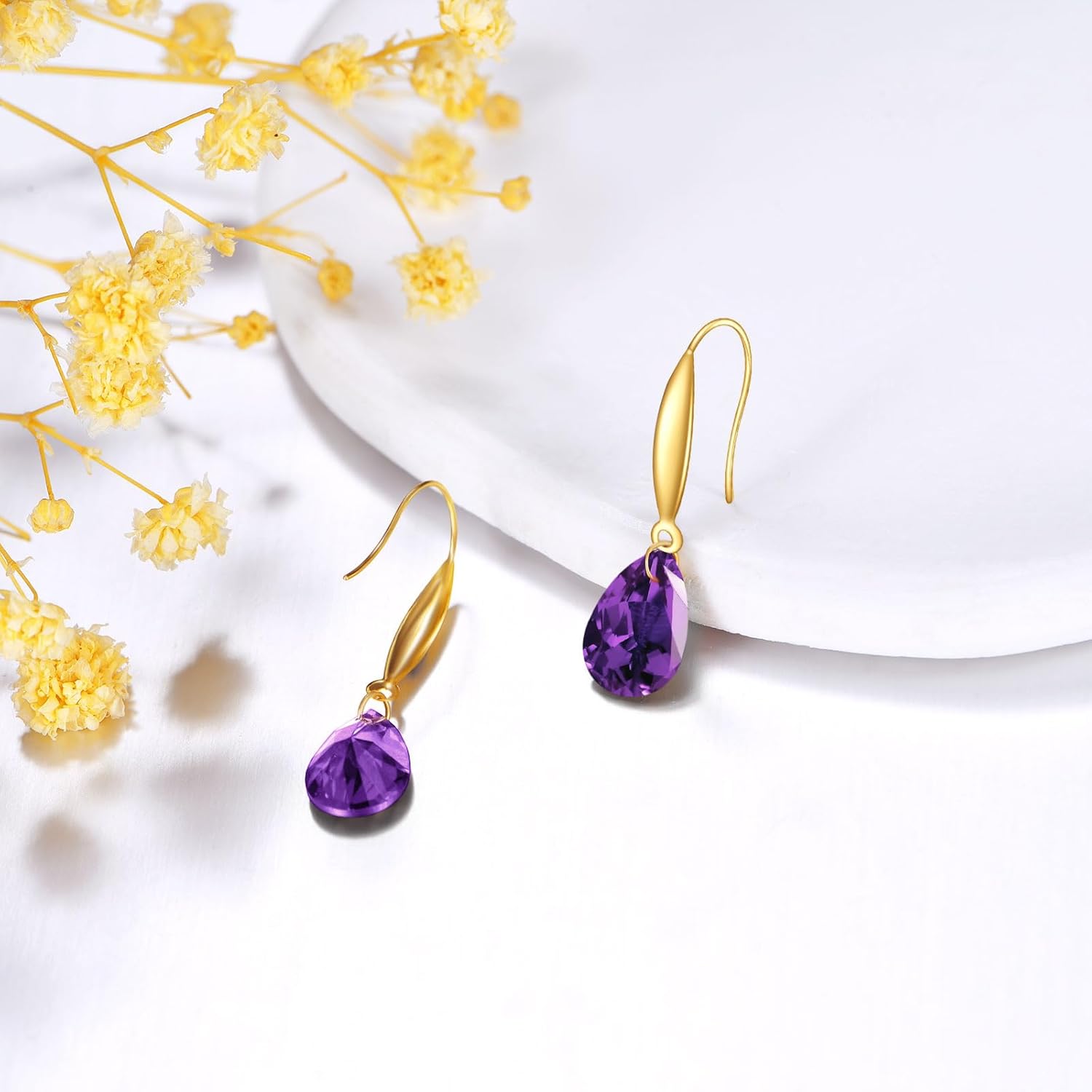 18K Gold Pear Birthstone Dangle Earrings for Women,Teardrop Created Gemstone Earring(Total 3 Carat 6MM*9MM*2) Anniversary Birthday Mother's Day Jewelry for Mom Her - Image 2