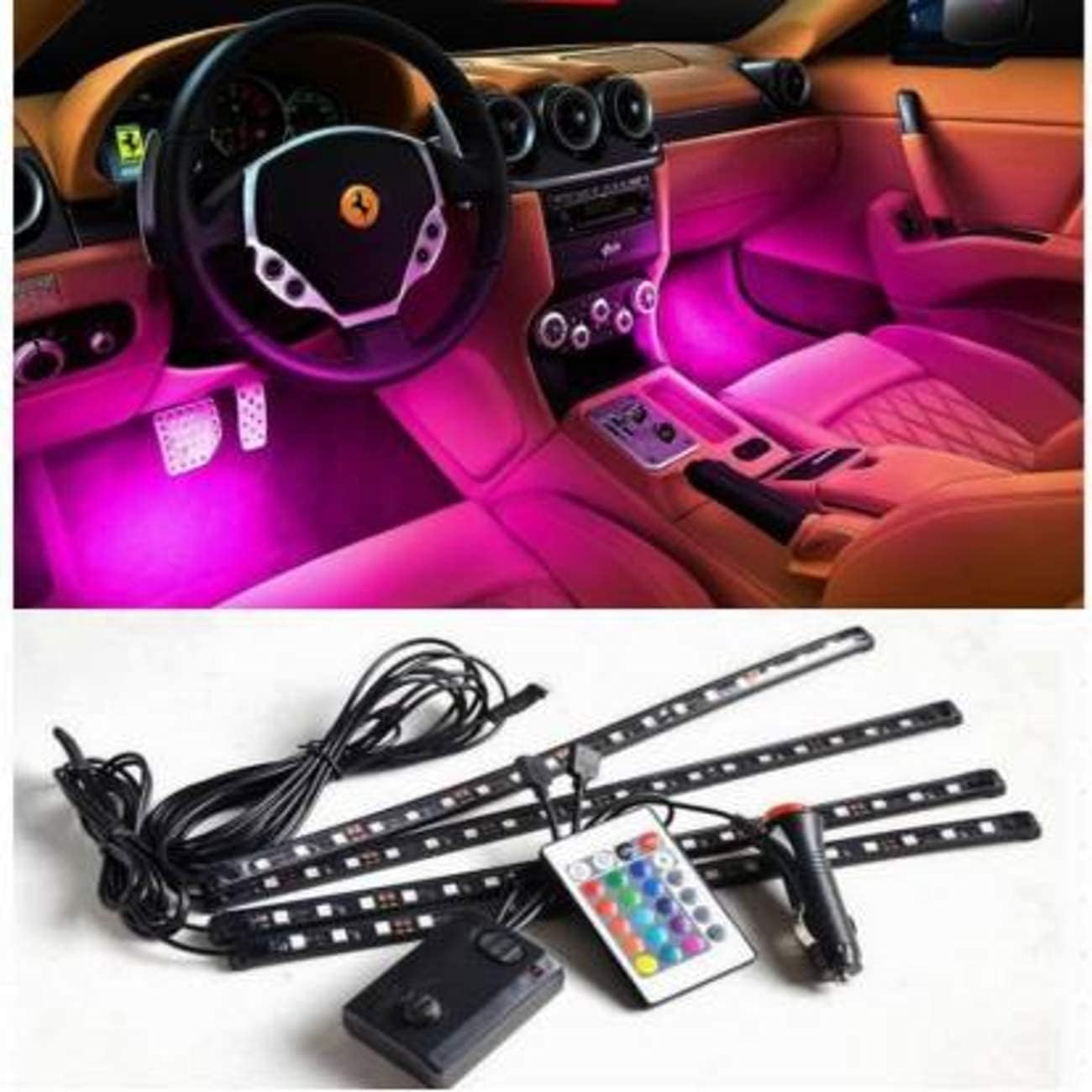 Bishop RGB Car Interior Decorative Light Floor Atmosphere Strip Light Car Under Dash Interior LED Lighting Kit with Sounds Activated Wireless IR Remote Control