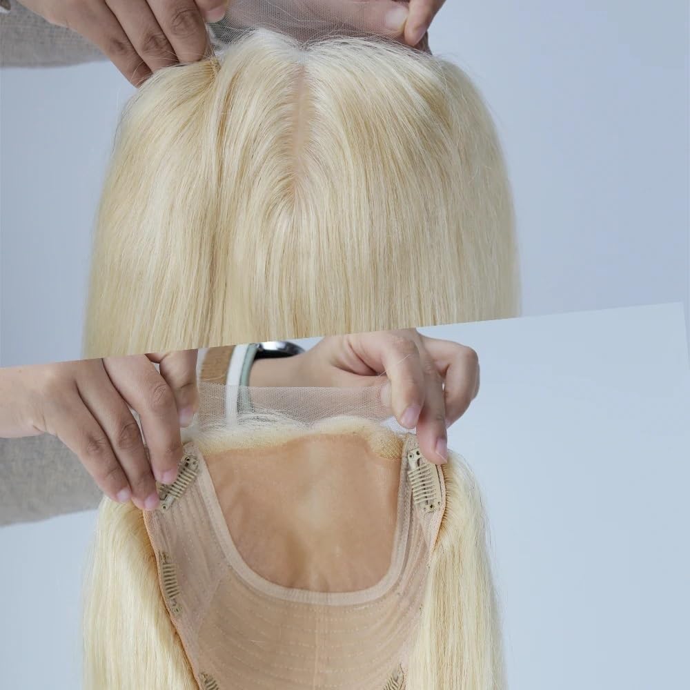 14 cali blond Remy ludzkie włosy doczepiane dla kobiet, oddychająca podstawa i 7 klipsów, miękkie i naturalne (61 cm x 7 cali)