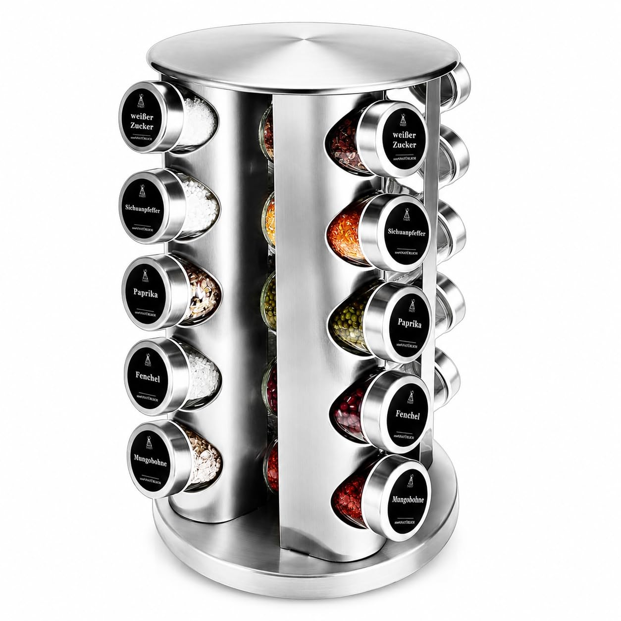 Carosello portaspezie girevole, rotondo, a 5 ripiani, in acciaio inox, con 20 barattoli rotondi per spezie German Black Labels, barattoli per spezie con mensola, portaspezie