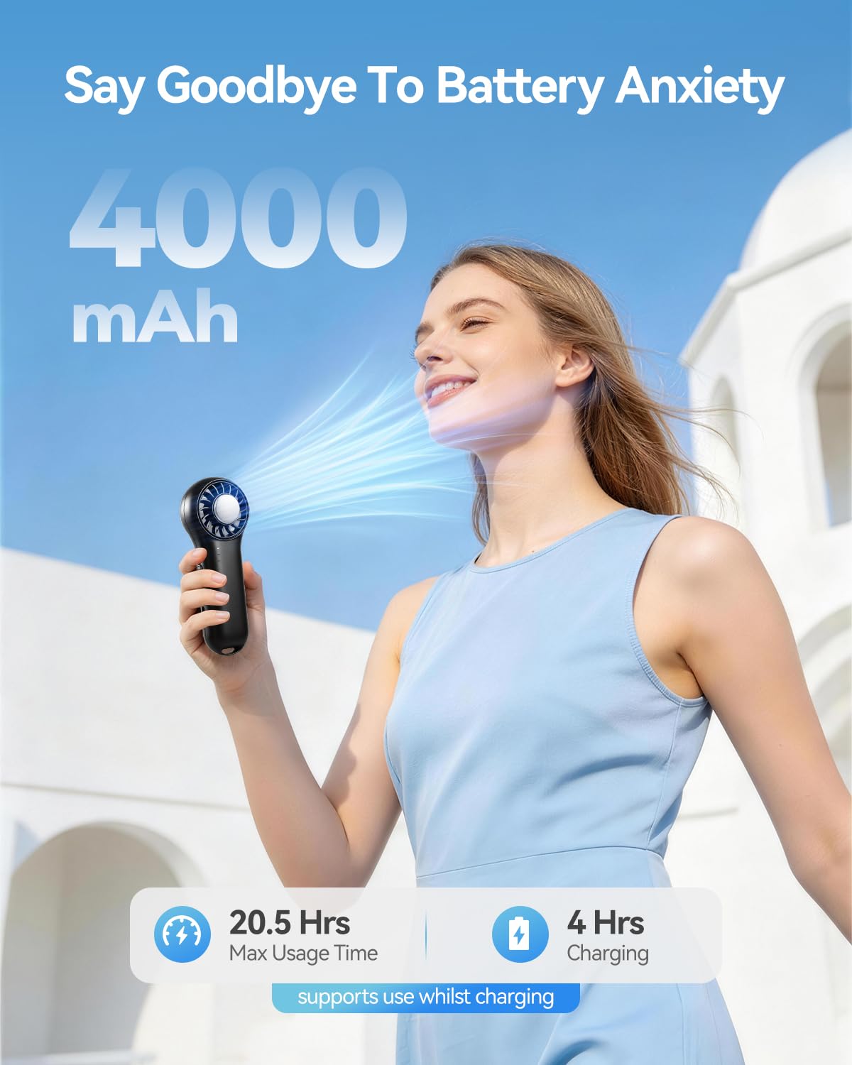 Ventilatore a mano con funzione di raffreddamento, mini ventilatore portatile 20000 RPM ad alta velocità, batteria con autonomia di 20,5 ore, 4 velocità, ventilatore USB ricaricabile, piccolo