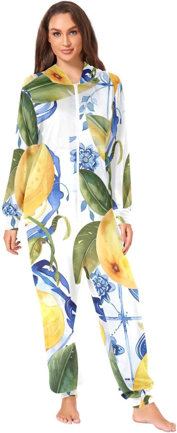 GAIREG Vintage Lemon Blue Zipper Onesie, Soft Loungewear with Hood for Winter