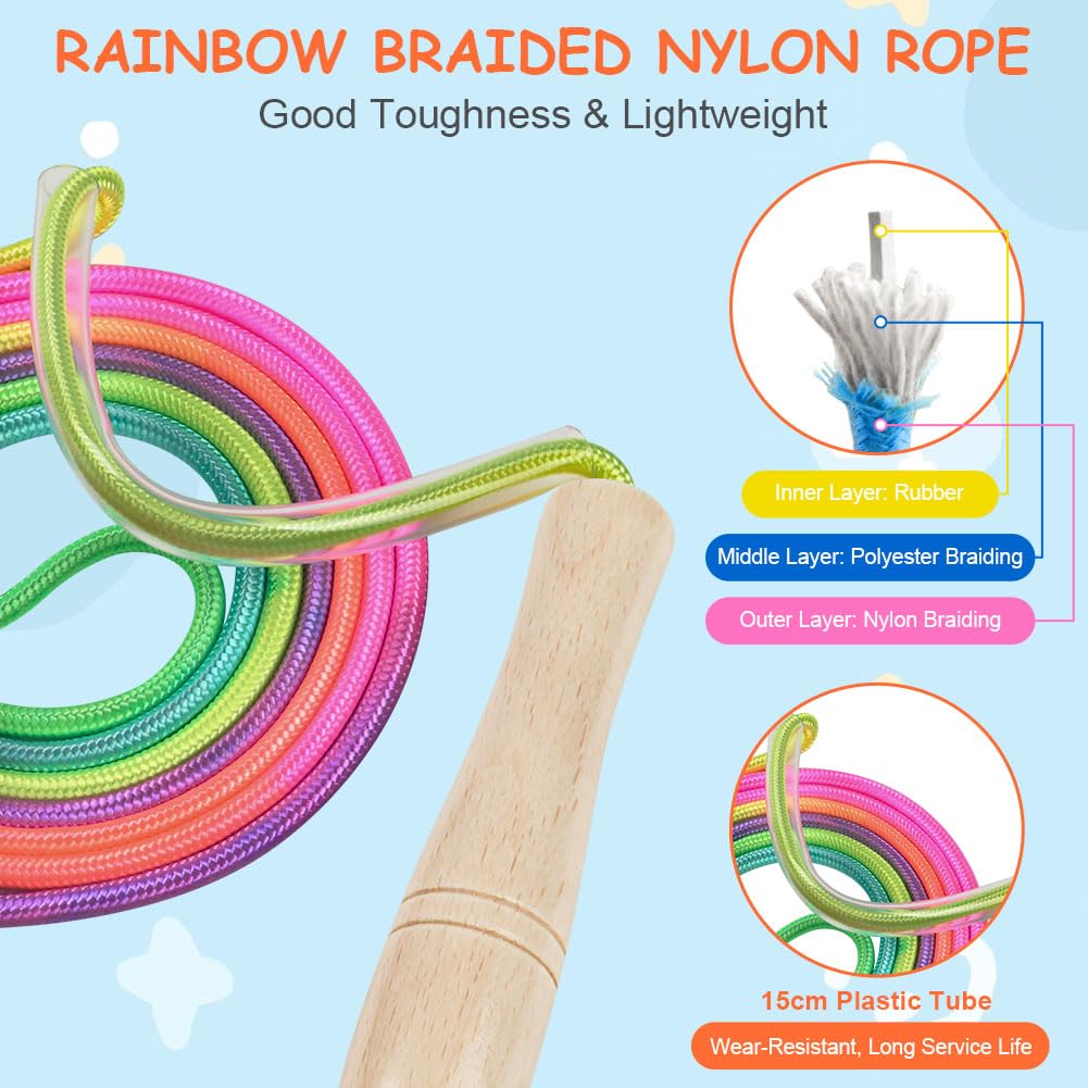 HOSHINO Regenbogen-Springseil 4,8 M Lang – Verstellbar Mit Holzgriffen Für Kinder & Gruppen