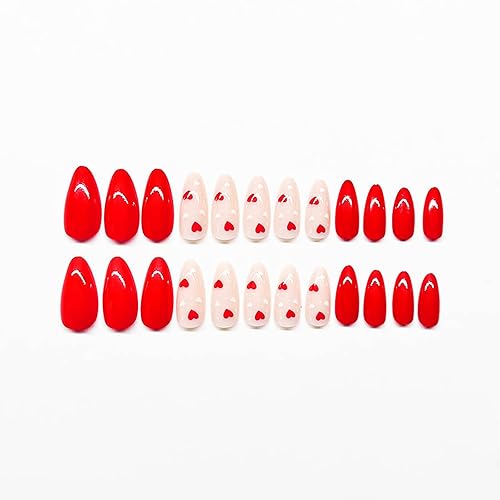 Miniatura 6 de Uñas postizas medianas a presión para el día de San Valentín, color rojo y blanco, uñas postizas de corazón, uñas acrílicas brillantes, manicura