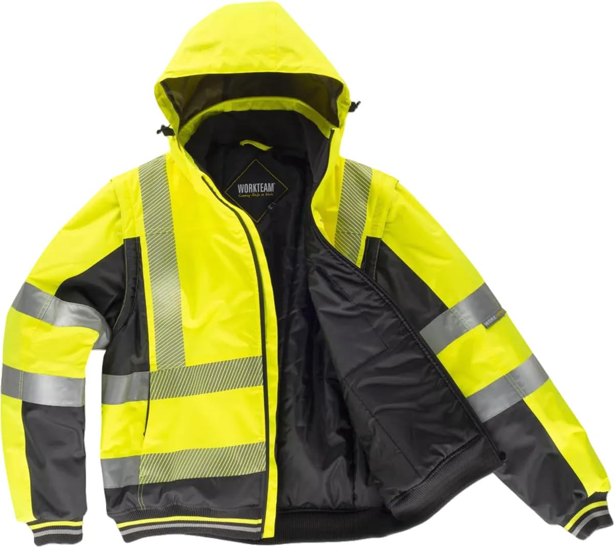 WORKTEAM Cazadora Piloto Alta Visibilidad Impermeable Acolchada con Mangas Desmontables, Capucha, Cintas Reflectantes Segmentadas, para Frío Intenso (580 gr/m2), Hombre