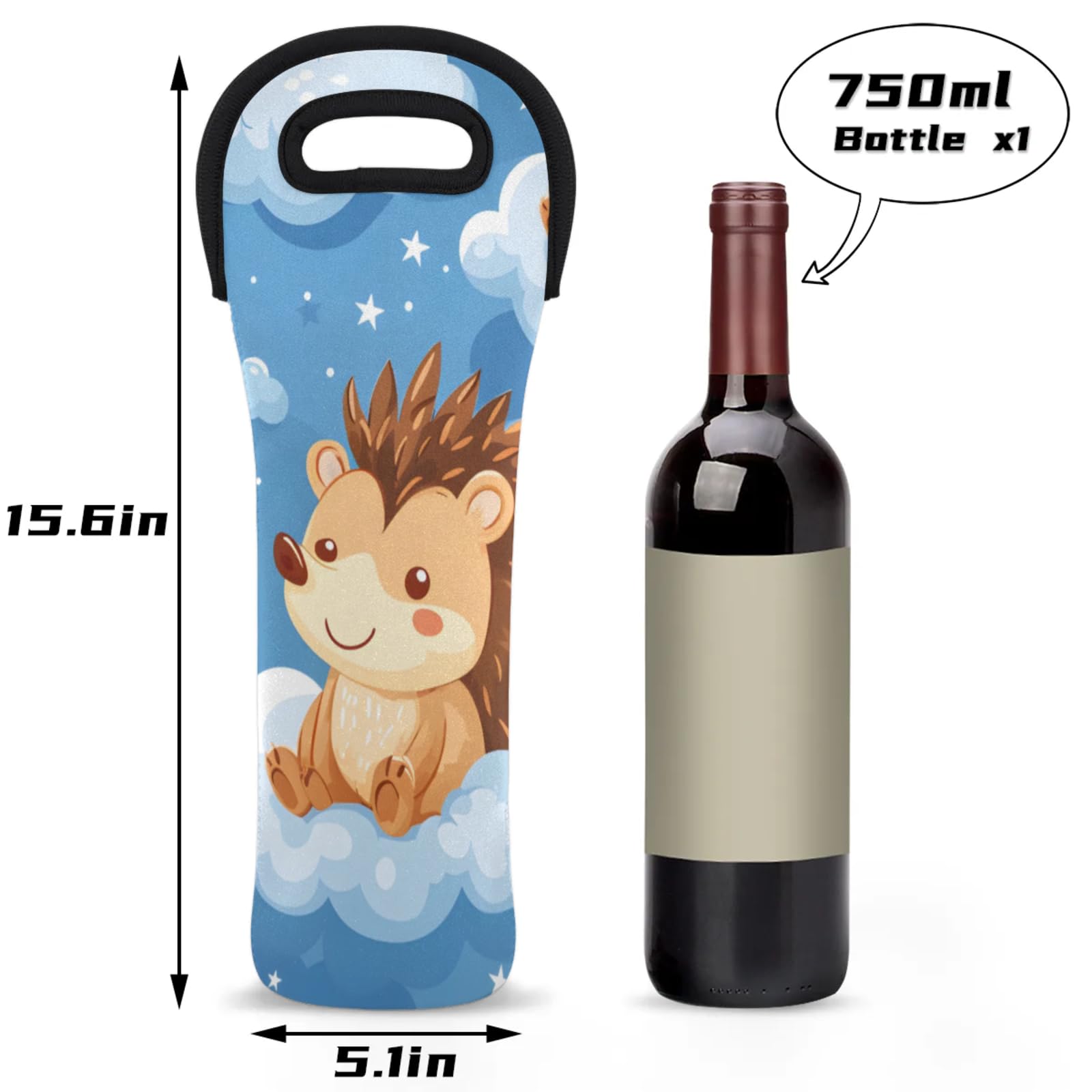 Neoprene Wine Tote Carrier Bag for Wine,Water, Champagne, Beer, Baby Bottles 15.6 x 5.1 Inches, Protective Wine Bag,Hedgehogs Cloud