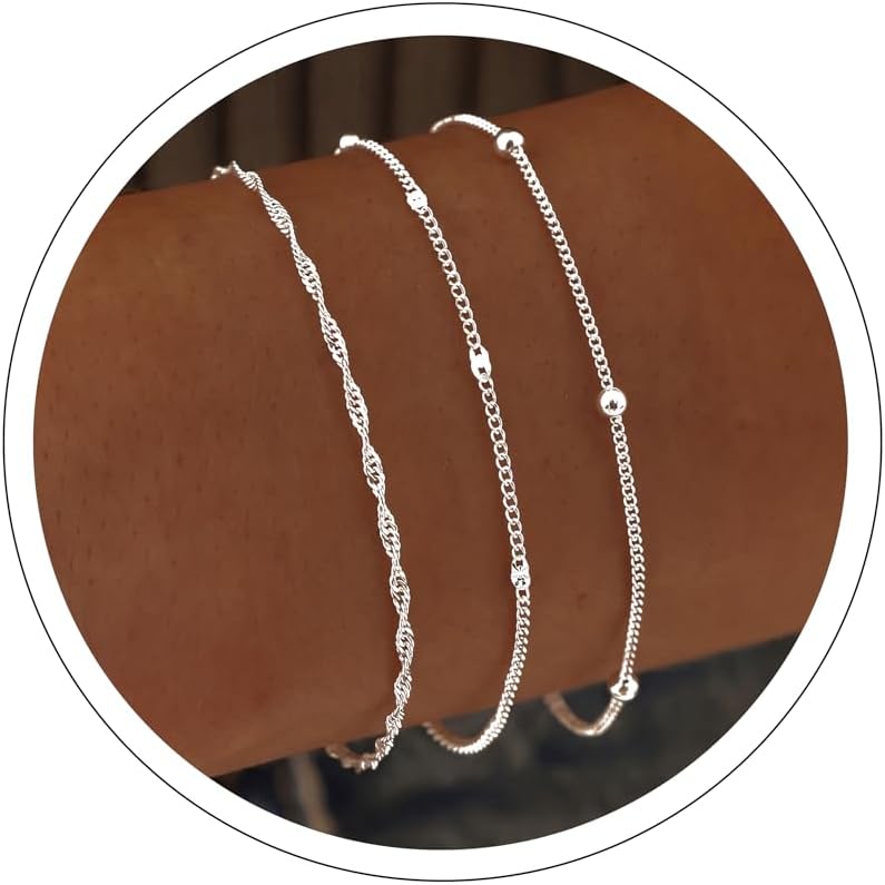 Dainty Silver Plated Bracelets for Women Trendy, Silver Jewelry Set for Women Bracelets for Women Paperclip Box Herringbone Figaro Rope Chain Bracelet Fashion Pack Gifts for Women
