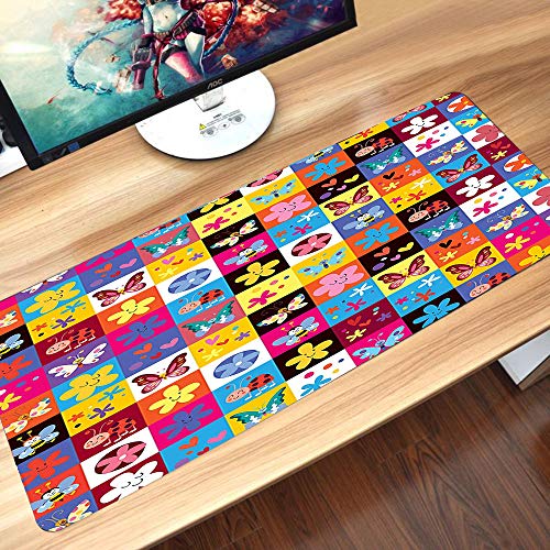 Gaming-Mauspad Gummiunterseite,Abstrakt, Schmetterlinge Käfer Blumen Bienen Käfer Herd Frühling Schöne Hippi,Schreibtischunterlage Abwischbar Anti