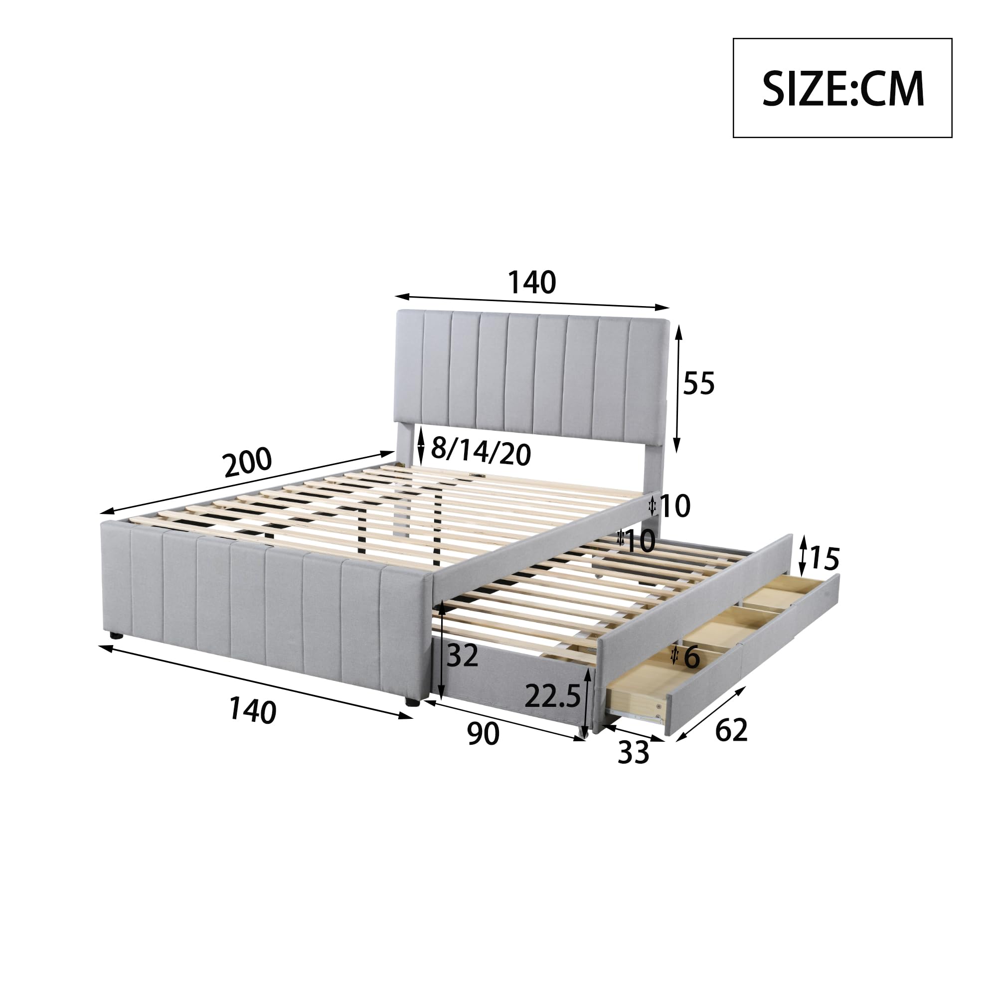 Letto Tessile 140x200cm con Sommier a doghe stabili e Struttura Letto Matrimoniale fissa piattaforma tre cassetti inferiori secondo letto estraibile testiera regolabile Grigio