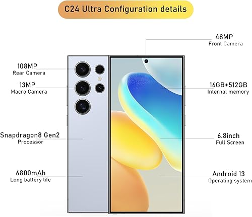 Miniatura 3 de C24 Ultra 5G Smartphone 16+512GB teléfono desbloqueado, cámara de zoom de 48+108MP, 6800mAh 6.8 pulgadas pantalla HD desbloqueada, teléfono celular