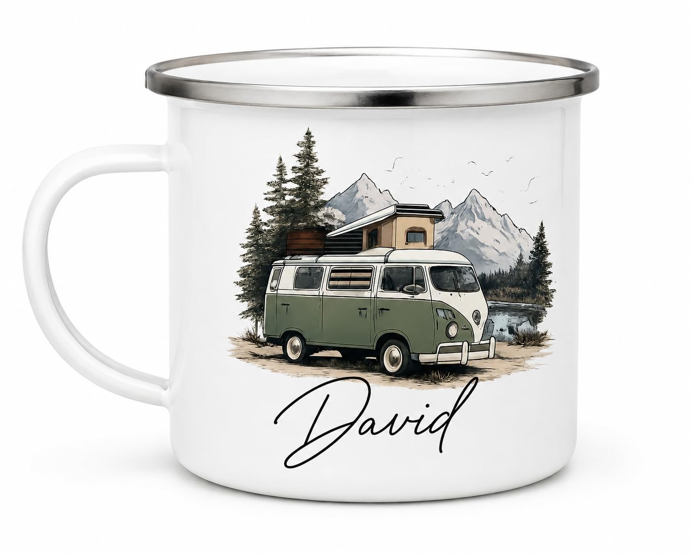 Vacso Trading Personalised Camping Enamel Mug – Custom Caravan & Campervan Mug – Personalised Outdoor Mug for Camping, Motorhome & Caravan Holidays (Camper Van Enamel Mug)