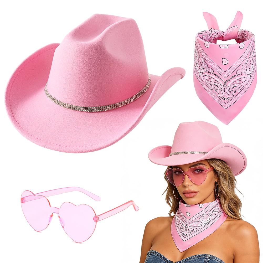 VorPrillynt Cowboy Hat Set 3PCS Western Cowboy Hat Set with Unique Bull Head Sunglasses and Square Scarf Costume Accessories Multi Functional for Cowgirl Theme Bachelorette Party 1
