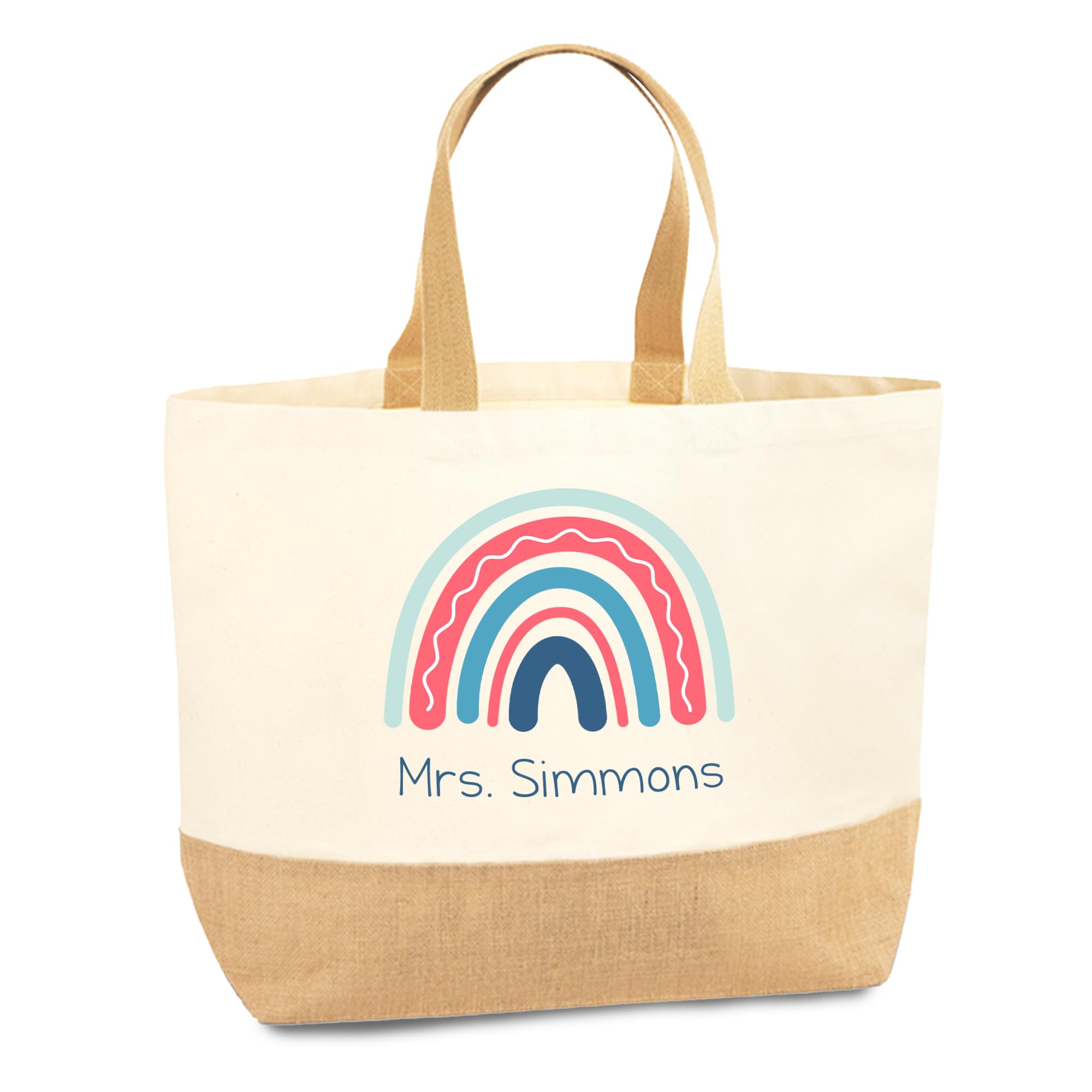 Print Maniacs Personalised Rainbow Bag Custom Name Tote Gift For Teacher Nursery Assistant School Staff Appreciation Gift End Of Year Thank You Teacher Present Canvas Jute Shopping Bag