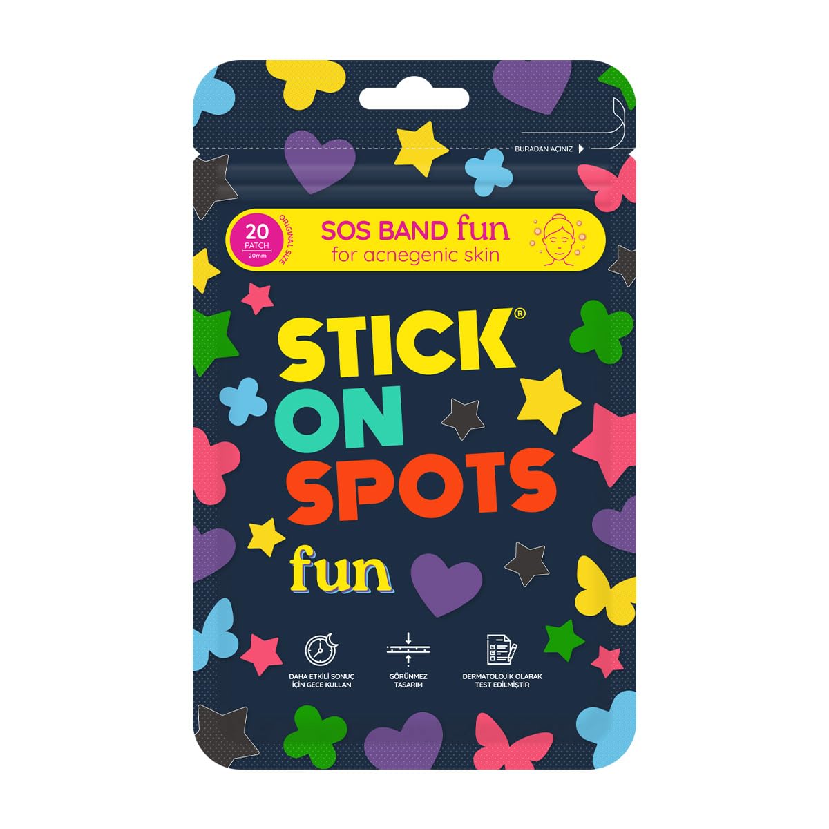 STICK ON SPOTS SOS Band Fun Pimple Patch Hidrokolloid Sivilce ve Akne Bandı 20 Adet
