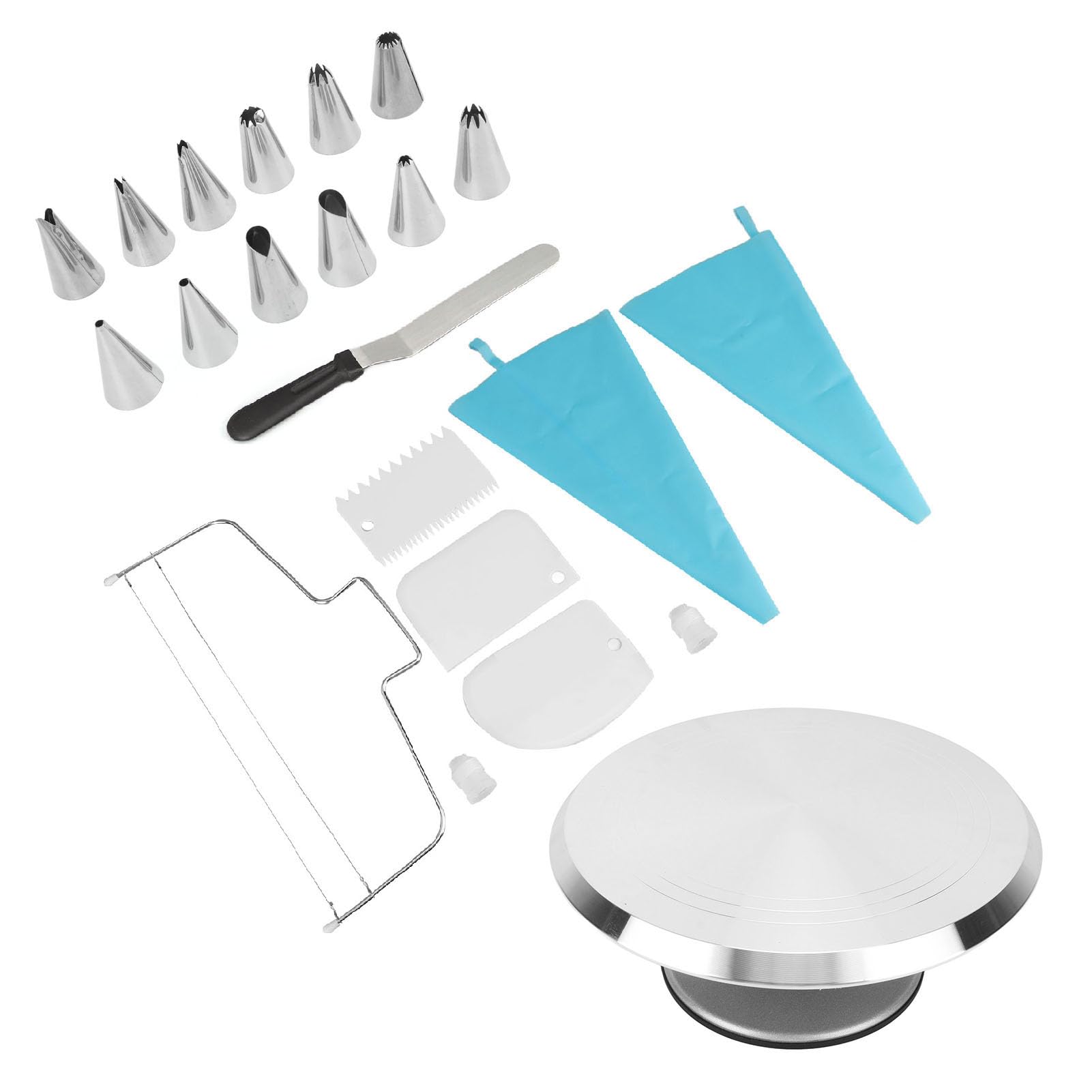 AMONIDA Kit de Decoración de Pasteles de 22 Piezas con Plato Giratorio de Aleación de Aluminio de 12 Pulgadas Ideal para Panaderos Profesionales y Domésticos Incluye Herramientas Esenciales para