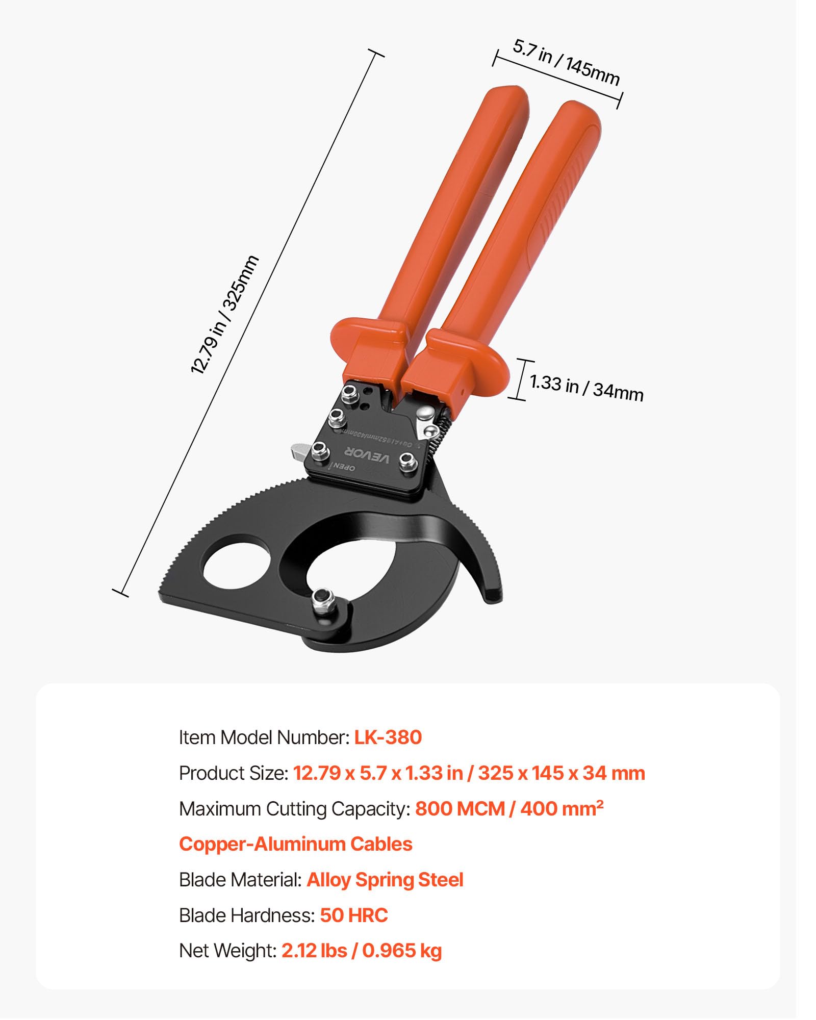 VEVOR Coupe Câble à Cliquet, Pince Coupe Câbles avec Lames en Acier à Ressort et Poignées Revêtues de PVC, pour Fils en Cuivre et Alu jusqu'à 400 mm² 800 MCM, avec Bouton à Dégagement Rapide