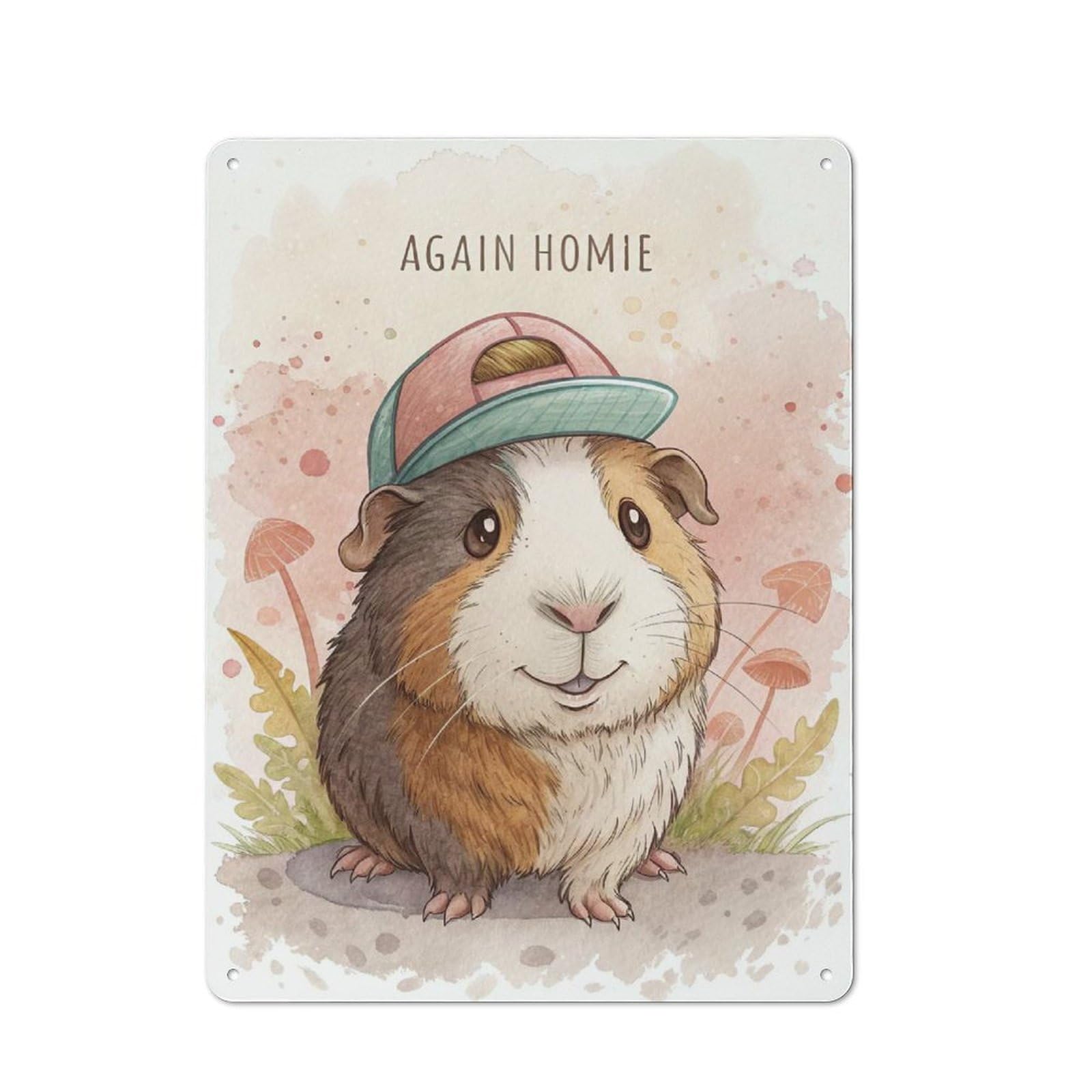 Junmoney Style-2 Cute Guinea Pig Wearing A Hat Vintage Metal Wall Decor 40X30cm, Garden Room Metal Sign For Patio Bar, Workshop, Shed Or Kitchen