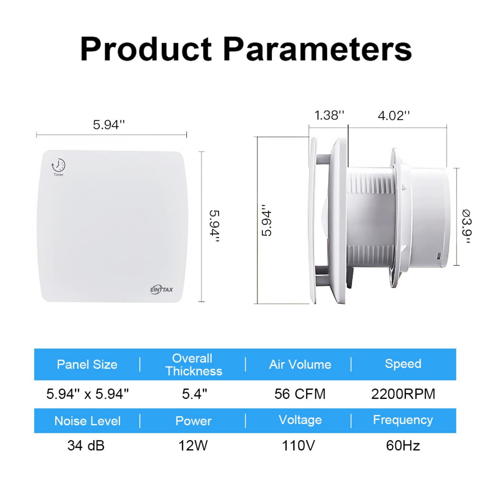 EINTTAX 100mm Quiet Bathroom Extractor Fan with Timer, White Square Bathroom Fan 95m³/h - Image 2
