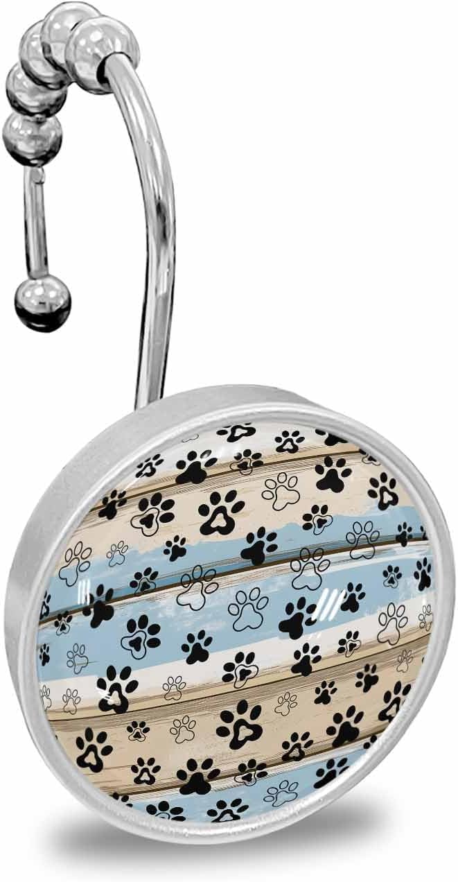 Blue Pink Dog Paws Prints Shower Curtain Hooks, Decorative Shower Curtain Rings, Farmhouse Beige Wood Stainless Steel Showerhooks for Curtain & Liner Bathroom Decor Accessories 12Pcs