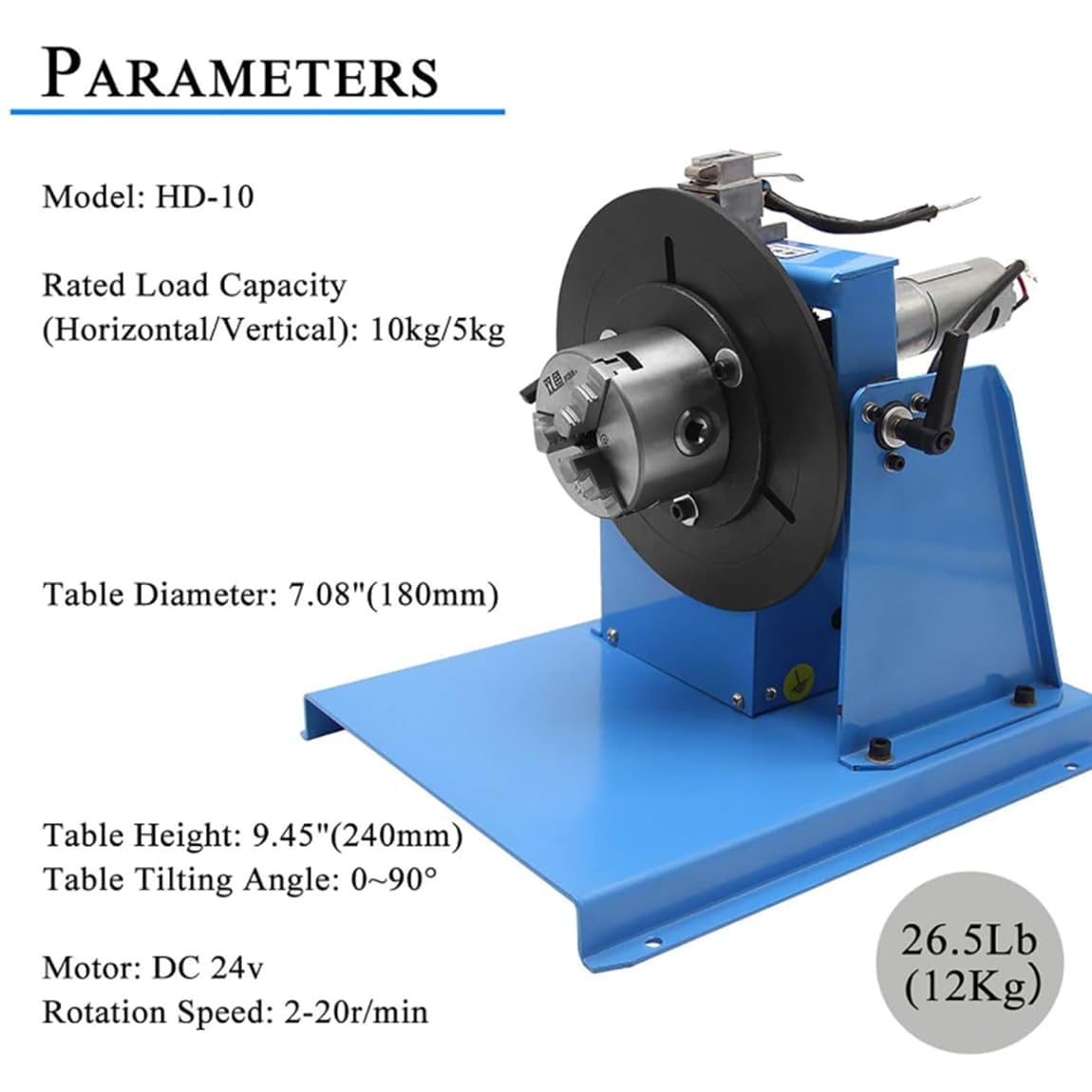Posizionatore di saldatura, giradischi inclinabile da 180 mm con mandrino da 65 mm, angolo 0-90°, controllo velocità 2-16 giri/min, interruttore a pedale per lavori di precisione