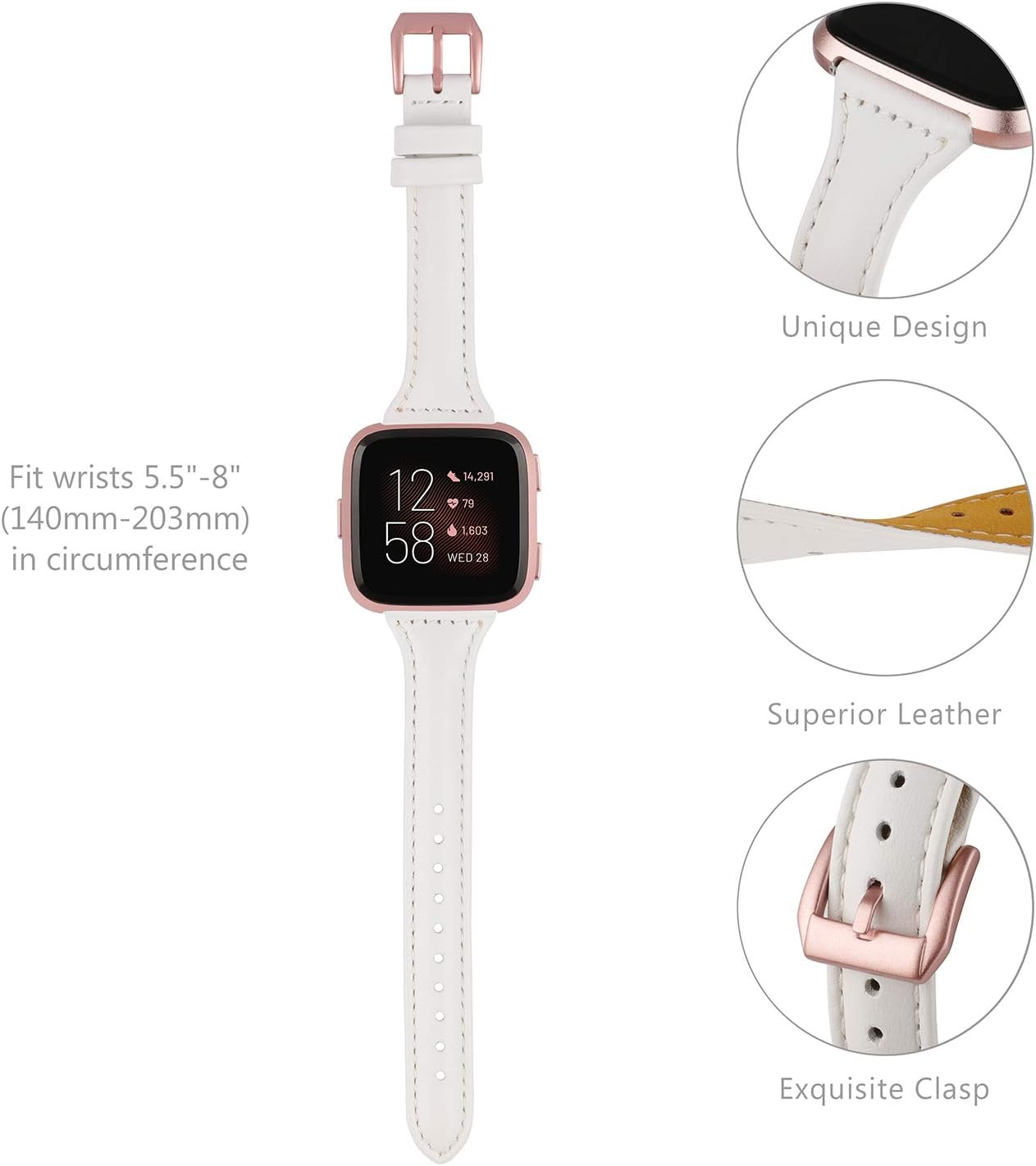 TOYOUTHS Leather Strap Compatible with Fitbit Versa/Versa 2 Bands Women Men Slim Genuine Leather Wristbands Replacement for Versa Lite Edition/Versa SE Accessorie Pink (Gray+Rose Gold Buckle) : Electronics