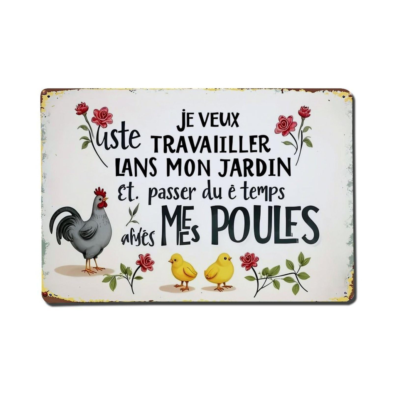 Chicken Garden Roses Chicks Text Metal Tin Sign Plaque