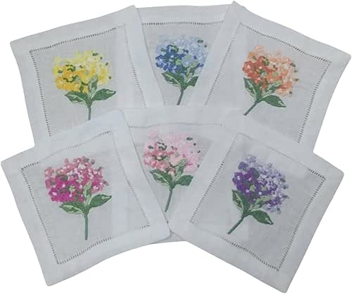 Embroidered Linen Hydrangea Cocktail Napkins Set of 6 6"x6" Hemstitch