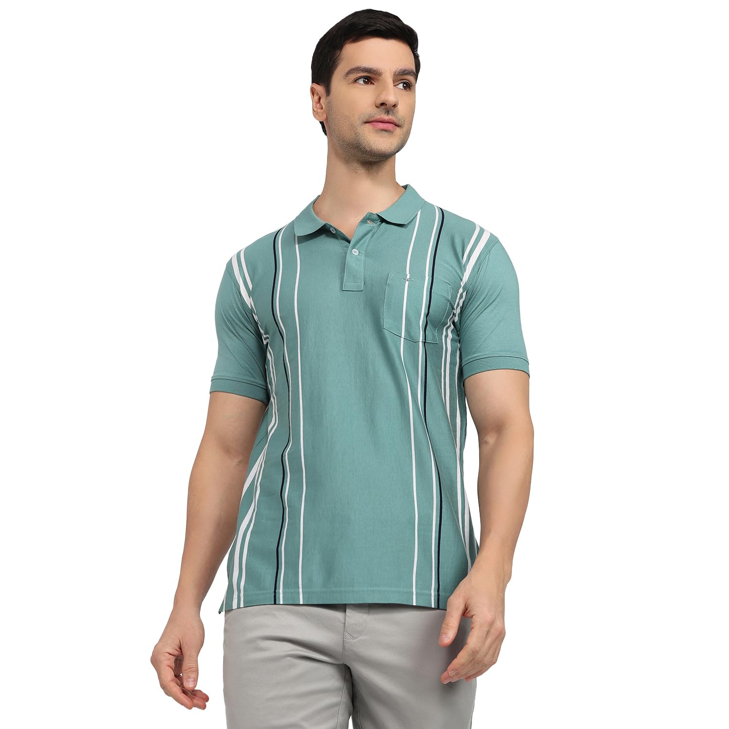 Men Regular Fit Stripe Pattern Pure Cotton Half Sleeve Polo Neck Casual T-Shirt Medium Green-image-43
