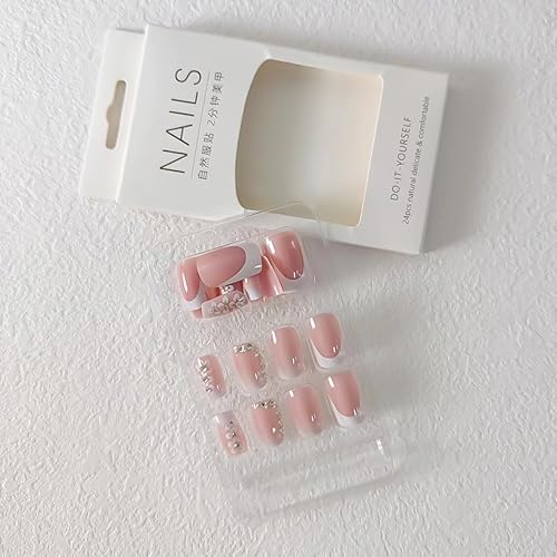 Miniatura 5 de Uñas postizas Rilafuvu de longitud media con punta francesa, uñas de cobertura completa, uñas cuadradas a presión, uñas rosas con diseños de flores,
