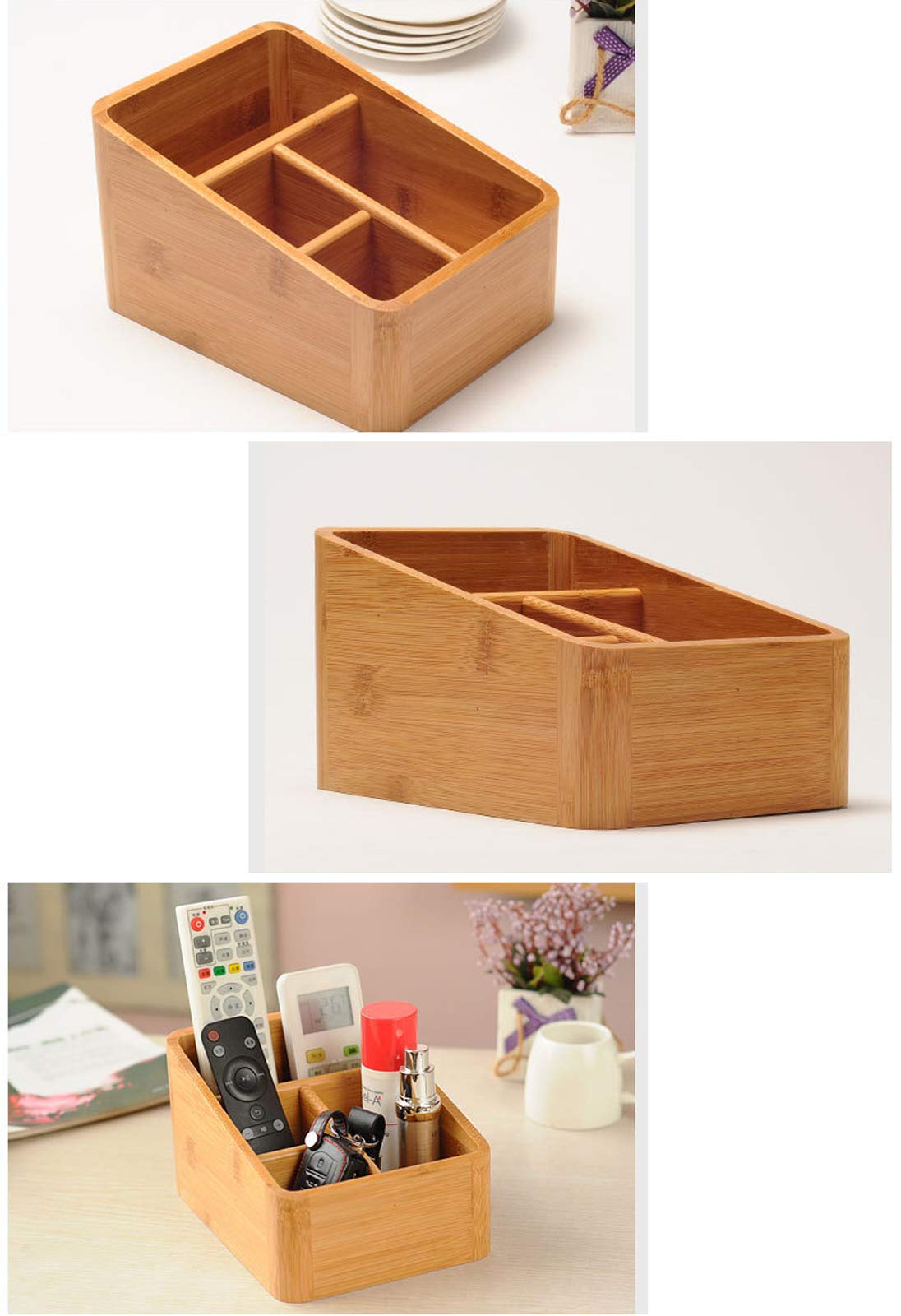 Boîte de rangement de bureau, 4 Compartiments en Bambou Multi-Fonctionnels Organisateur Télécommande TV Home Articles divers, Rangement en bois boîte de Cosmétique #3
