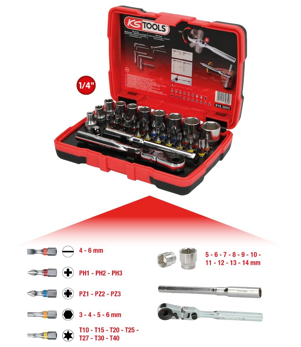 KS Tools 918.3005 Caja de llaves de vaso con punta de 1/4" TORSIONpower, 33 pzs