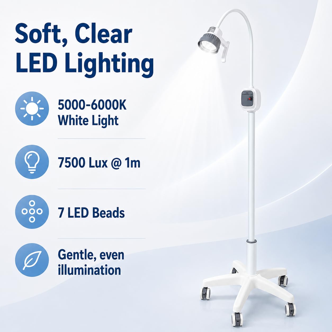 Lampa LED do badań chirurgicznych, 12 W, z 7 koralikami, 7500 luksów, przenośna lampa do ginekologii i kologii, długość drążka 80 cm, z 5 kółkami do klinik dentystycznych