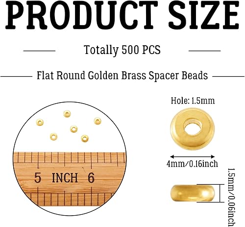 Miniatura 4 de Craftdady 500 cuentas espaciadoras redondas planas doradas de 0.157 pulgadas (0.157 in), diminutas cuentas de disco de moneda Rondelle para