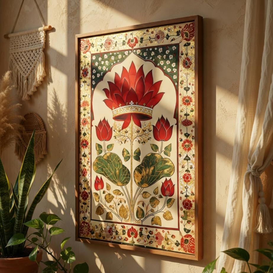 Image of Livin'luxe Royal Lotus Floral Wall Painting with Wooden Frame | Traditional Lotus Artwork HD UV Laminated MDF Wall Decor | Elegant Botanical Lotus Art for Living Room Bedroom Home Decor