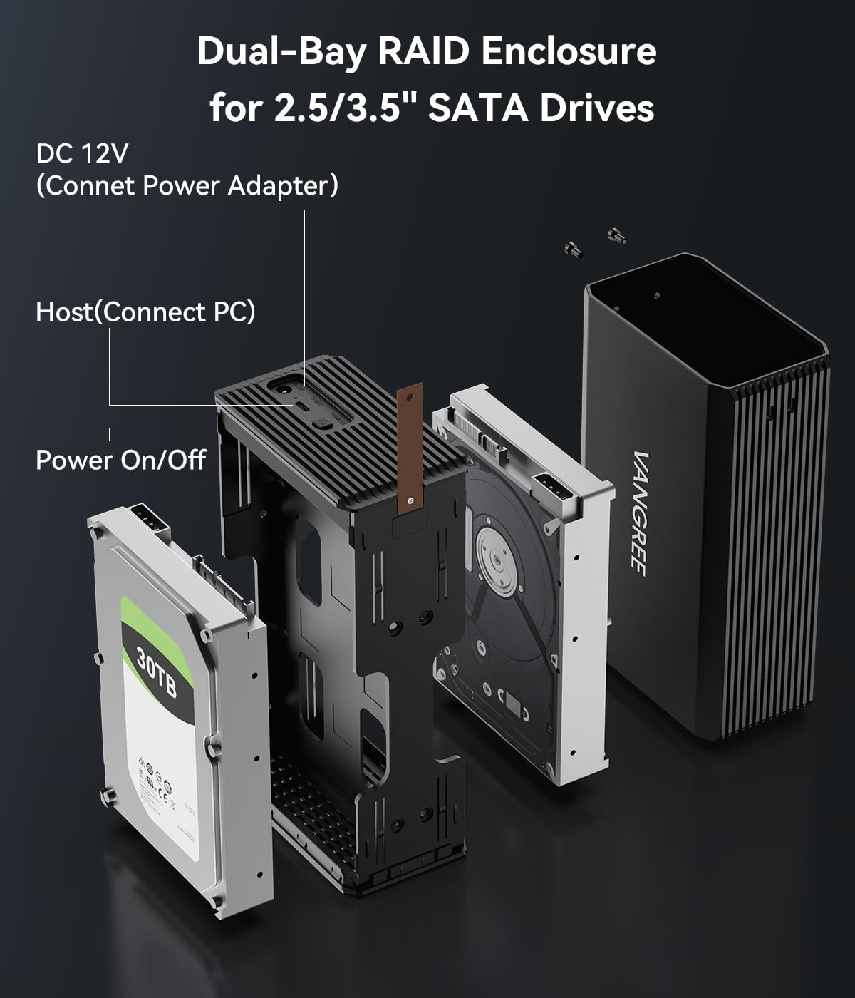 VANGREE Caja de disco duro RAID de doble bahía para disco duro SATA HDD/SSD de 2.5 pulgadas/3.5 pulgadas, carcasa de aluminio sin herramientas con ventilador de refrigeración, USB A/C 3.0, velocidad