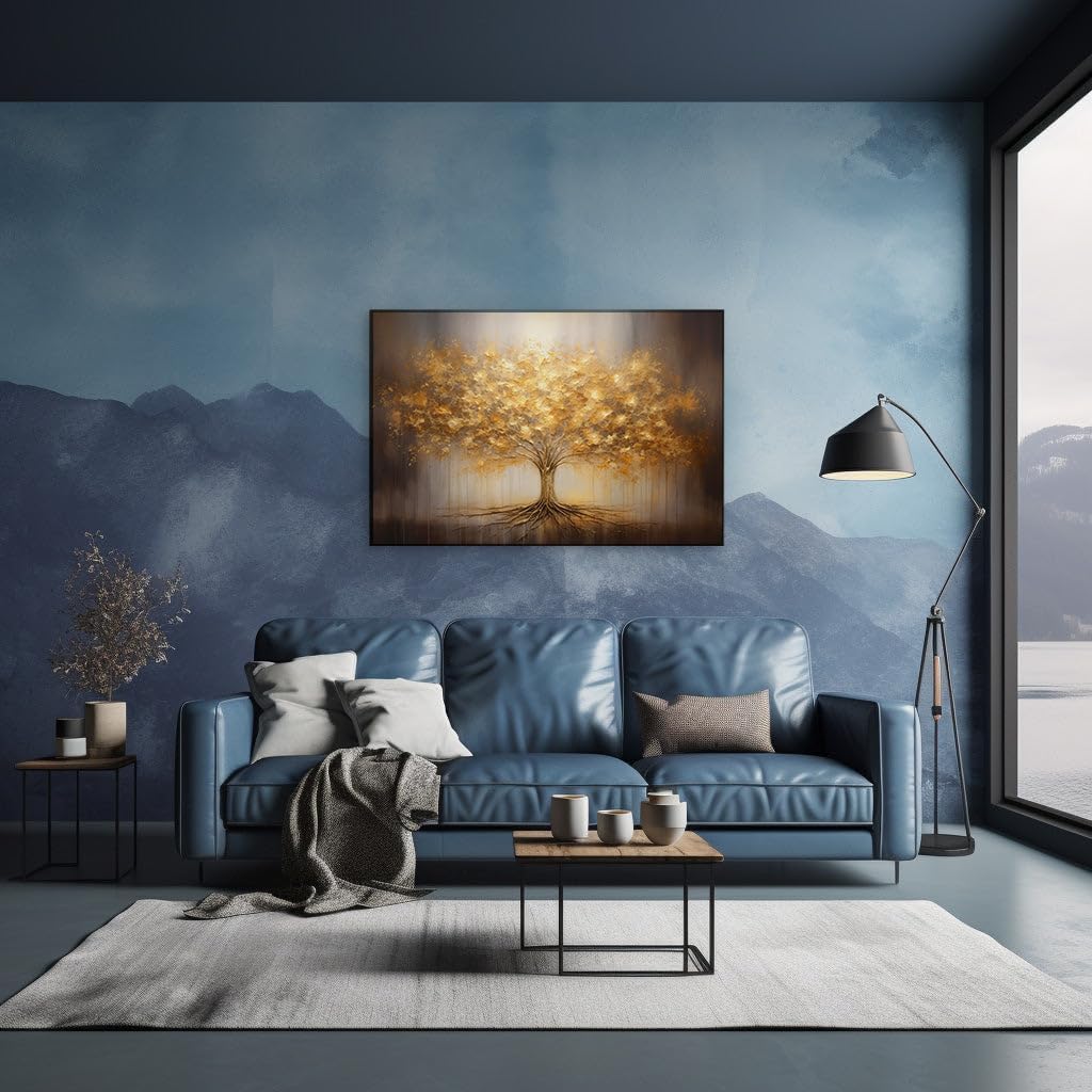 Canvas for Living Room. Golden Roots and Gray Canopies: The Luminous Tree of Prosperity and Strength, 27 x 18 inch Canvas Wall Art - Modern Home Decor