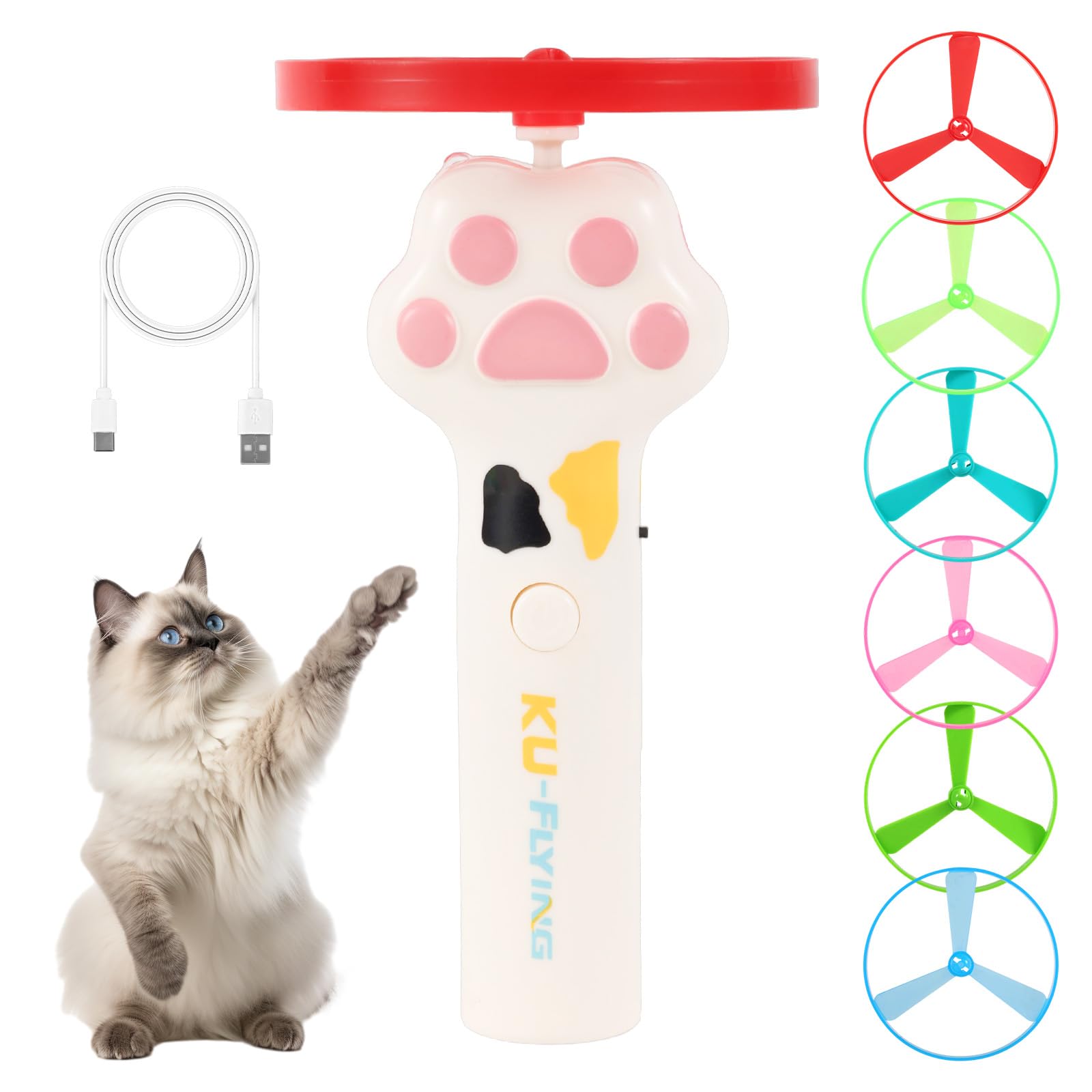 BTFO Cat Fetch Toy Launcher Set, Kitten Interactive Exercise Playing Toys Including 6 Flying Discs & Charging Cable for Pet Outdoor & Indoor Accessories