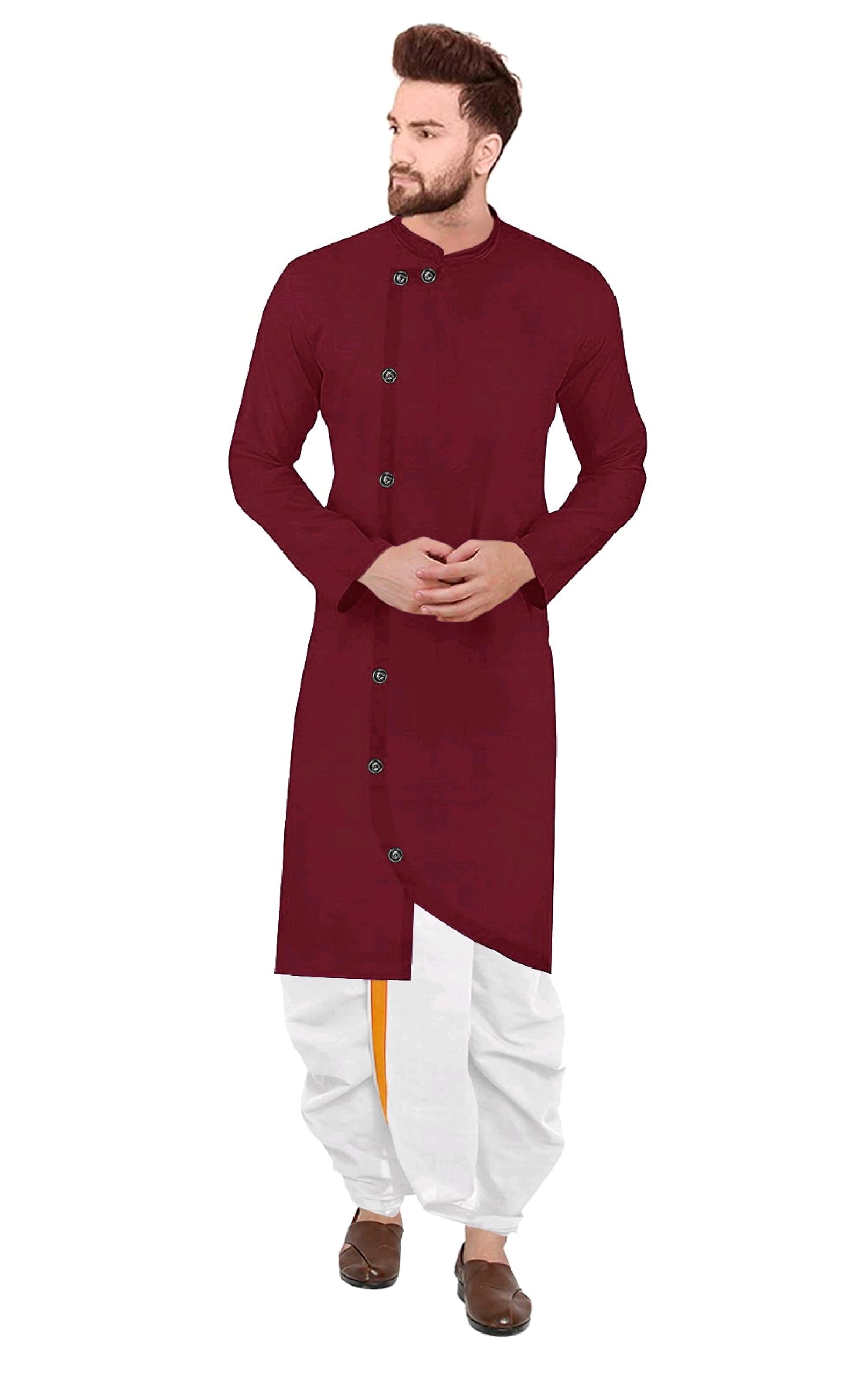 unique moments Men's Soild Pattern Cotton Dhoti Kurta set with Long Sleeve Round Neck Cross Modern Style and Button Down Closure Type-picture-45