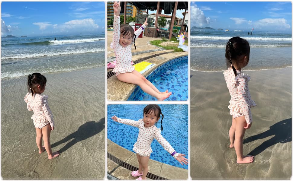 Image of Girls One Piece Swimsuits Zipper Rash Guard Long Sleeve Bathing Suit with Ruffle Hem UPF50+