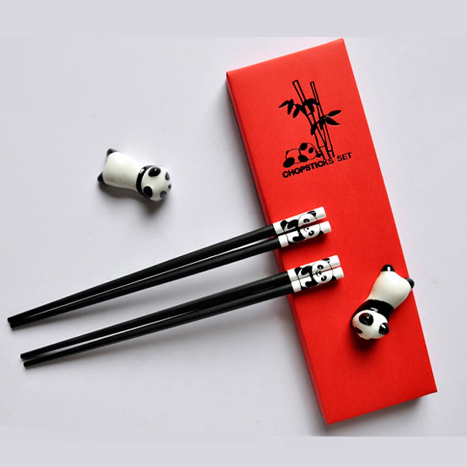 Panda Chopsticks Set with Rest, Reusable Fiberglass Non-Slip, Gift Box