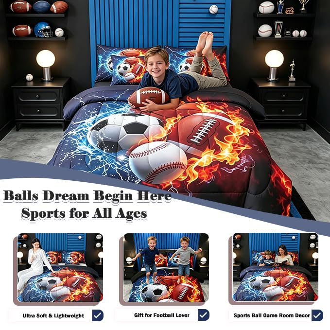 Image of Feelyou Boys Sports Comforter Set with Sheets 7 Piece Queen Size Football Baseball Soccer Bed in a Bag Kids Boys Girls Basketball Bedding Set Ball Game Sports Bedroom Decor Breathable Soft Microfiber